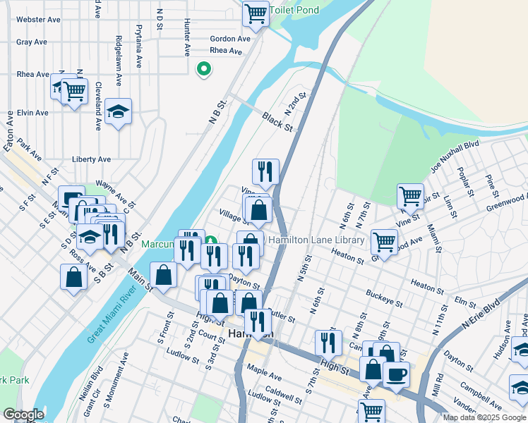 map of restaurants, bars, coffee shops, grocery stores, and more near 449 North 3rd Street in Hamilton