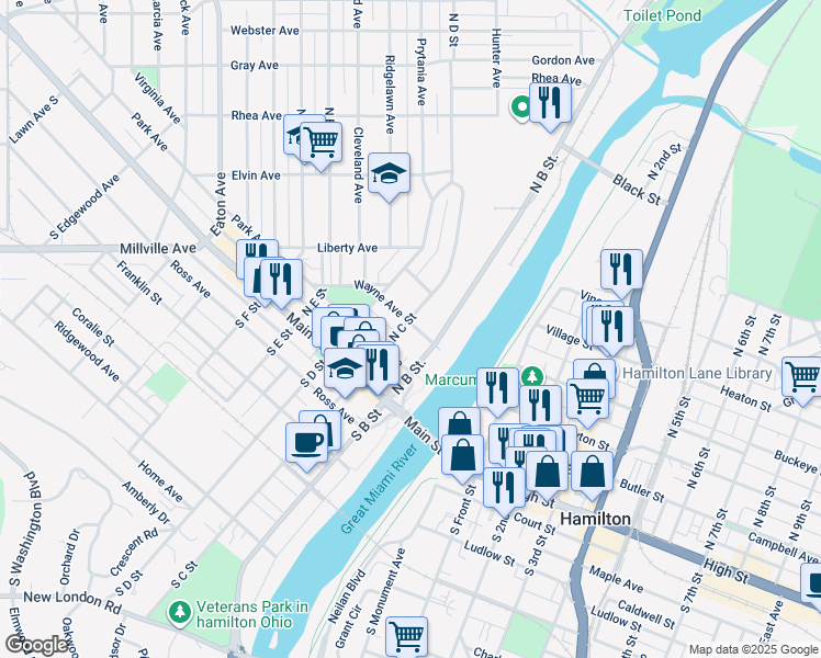 map of restaurants, bars, coffee shops, grocery stores, and more near 216 North C Street in Hamilton