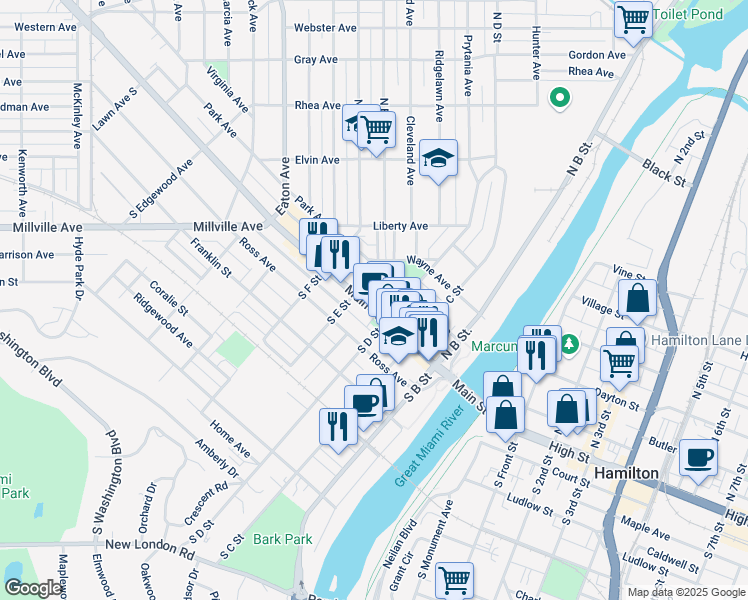 map of restaurants, bars, coffee shops, grocery stores, and more near 16 North E Street in Hamilton