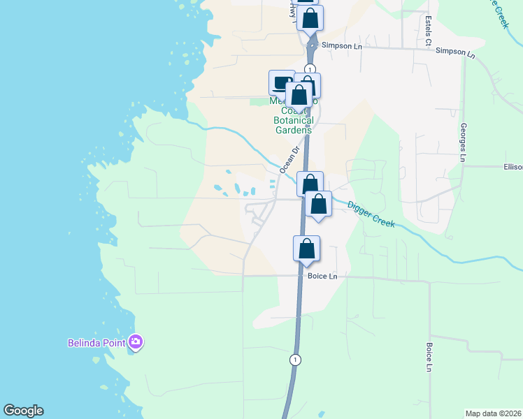 map of restaurants, bars, coffee shops, grocery stores, and more near 17900 Ocean Drive in Fort Bragg