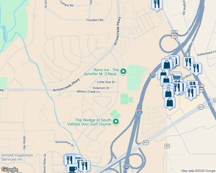 map of restaurants, bars, coffee shops, grocery stores, and more near 932 Star Way in Reno