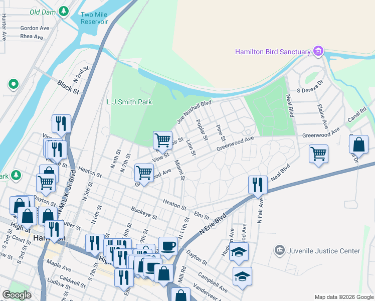 map of restaurants, bars, coffee shops, grocery stores, and more near 1028 Vine Street in Hamilton
