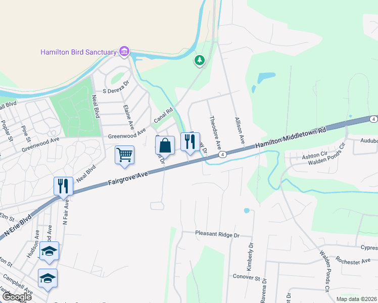 map of restaurants, bars, coffee shops, grocery stores, and more near 262 North Eastview Parkway in Hamilton