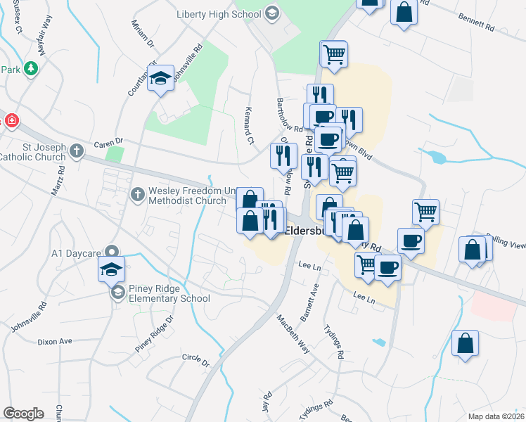 map of restaurants, bars, coffee shops, grocery stores, and more near 1211 Liberty Road in Eldersburg