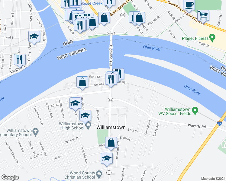 map of restaurants, bars, coffee shops, grocery stores, and more near 215 Highland Avenue in Williamstown