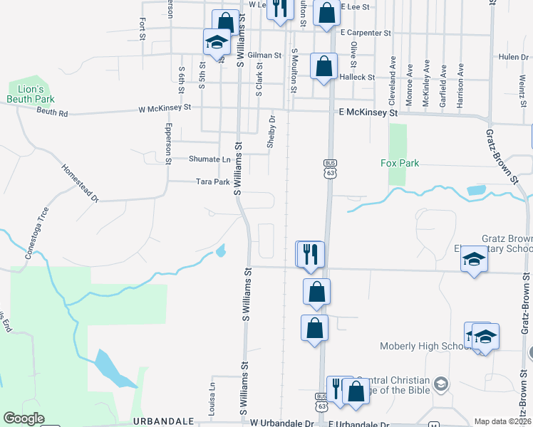 map of restaurants, bars, coffee shops, grocery stores, and more near 1242 Shepherds Drive in Moberly