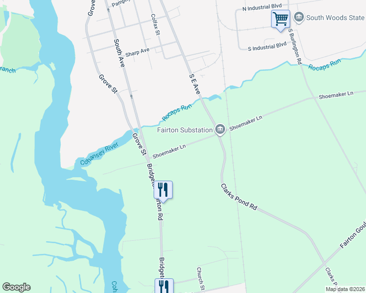 map of restaurants, bars, coffee shops, grocery stores, and more near 285 Bridgeton Fairton Road in Bridgeton