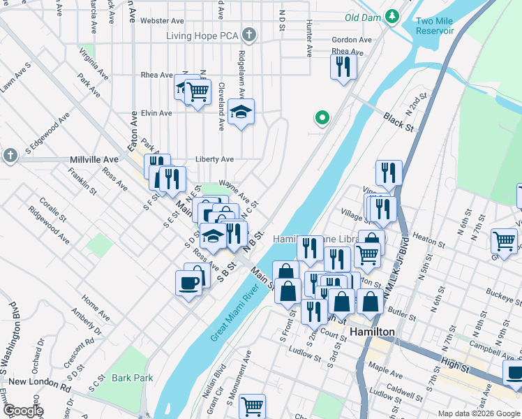 map of restaurants, bars, coffee shops, grocery stores, and more near 200 North C Street in Hamilton