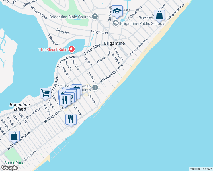 map of restaurants, bars, coffee shops, grocery stores, and more near 320 5th Street South in Brigantine