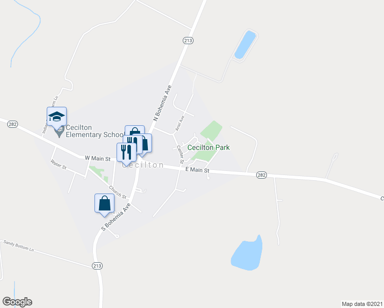 map of restaurants, bars, coffee shops, grocery stores, and more near 203 East Main Street in Cecilton