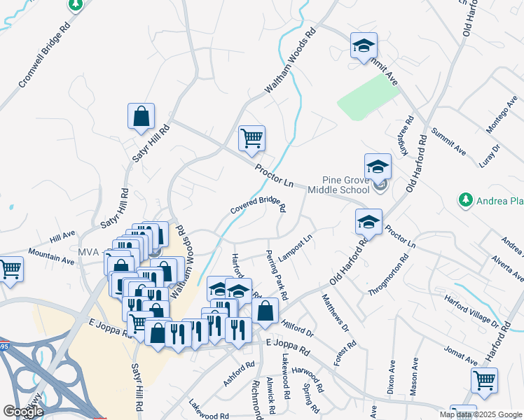 map of restaurants, bars, coffee shops, grocery stores, and more near 2314 Covered Bridge Garth in Parkville