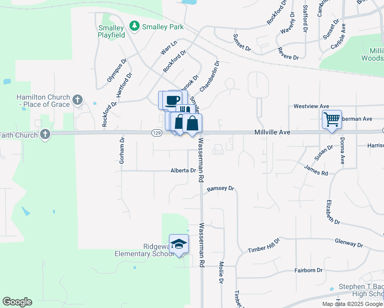 map of restaurants, bars, coffee shops, grocery stores, and more near 575 Wasserman Road in Hamilton