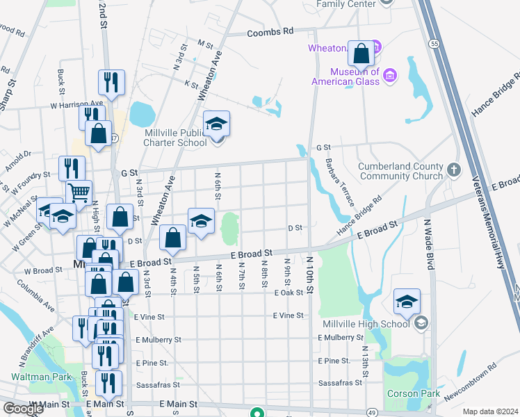 map of restaurants, bars, coffee shops, grocery stores, and more near 752 E Street in Millville