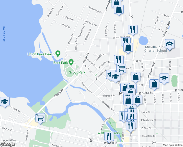map of restaurants, bars, coffee shops, grocery stores, and more near 302 West Foundry Street in Millville