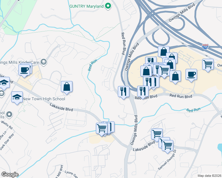 map of restaurants, bars, coffee shops, grocery stores, and more near 9364 Esplanade Court in Owings Mills