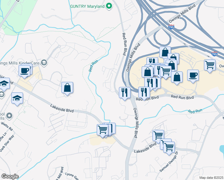 map of restaurants, bars, coffee shops, grocery stores, and more near 9366B Esplanade Court in Owings Mills