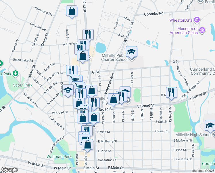 map of restaurants, bars, coffee shops, grocery stores, and more near 815 Wheaton Avenue in Millville