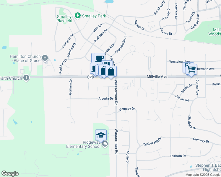 map of restaurants, bars, coffee shops, grocery stores, and more near 575 Wasserman Road in Hamilton