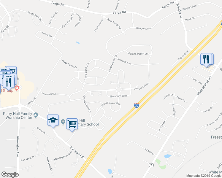 map of restaurants, bars, coffee shops, grocery stores, and more near 9326 Georgia Belle Drive in Perry Hall