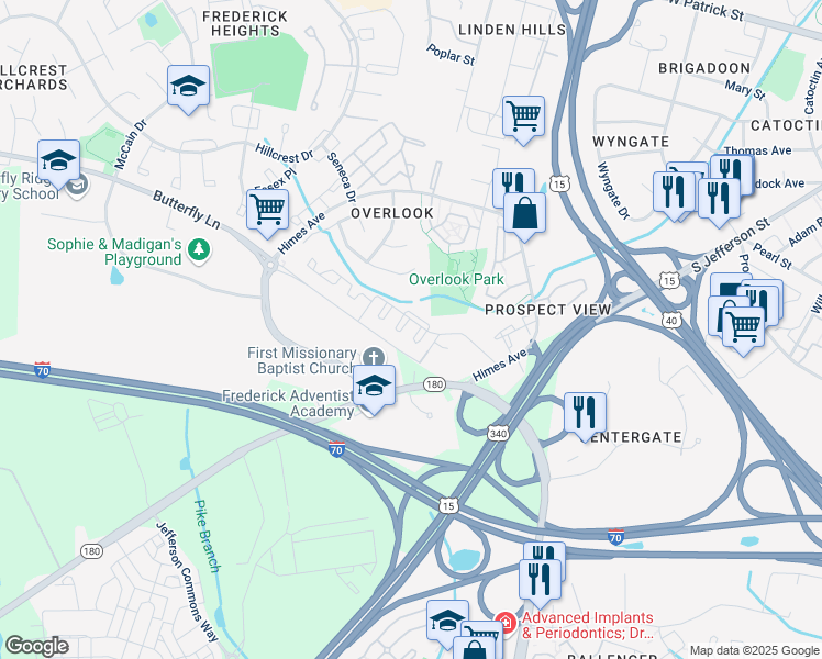 map of restaurants, bars, coffee shops, grocery stores, and more near 720 Acropolis Way in Frederick