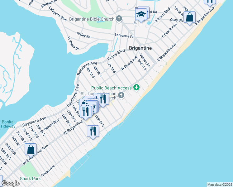 map of restaurants, bars, coffee shops, grocery stores, and more near 713 West Brigantine Avenue in Brigantine