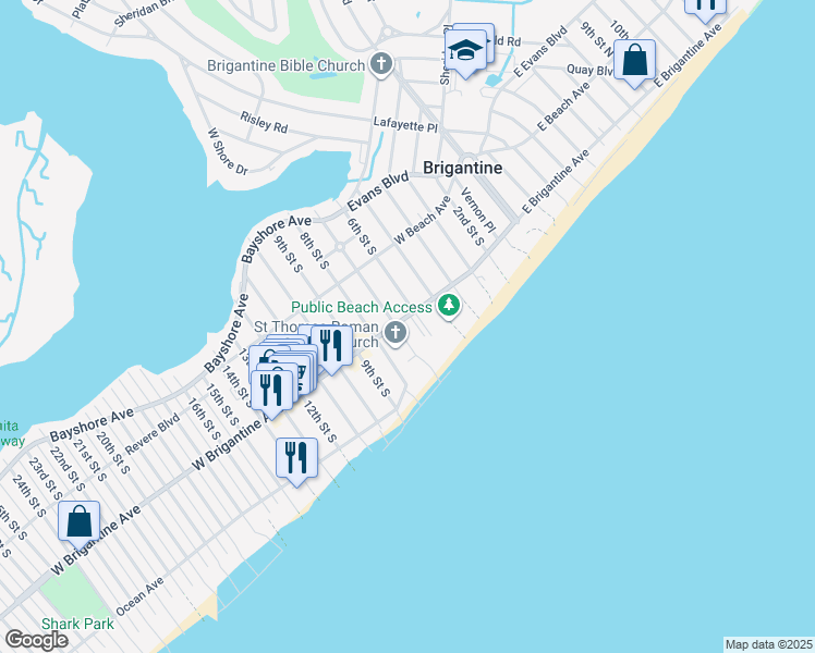 map of restaurants, bars, coffee shops, grocery stores, and more near 600 West Brigantine Avenue in Brigantine