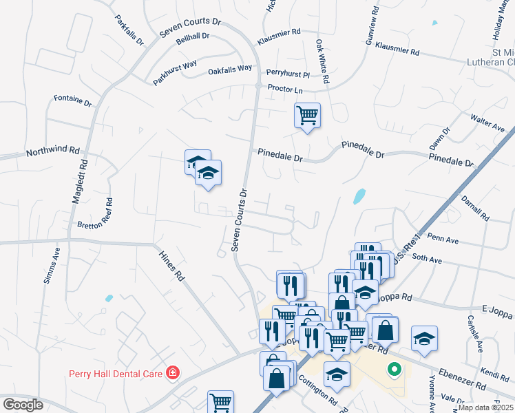 map of restaurants, bars, coffee shops, grocery stores, and more near 34 Plantagenet Circle in Parkville