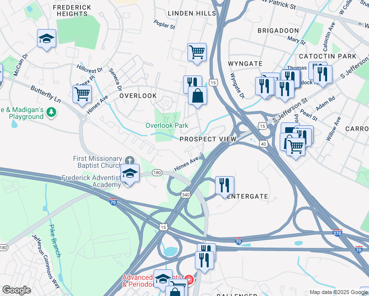 map of restaurants, bars, coffee shops, grocery stores, and more near 502 Bradley Court in Frederick