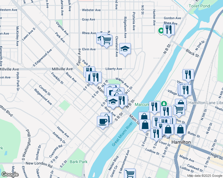 map of restaurants, bars, coffee shops, grocery stores, and more near 313 Park Avenue in Hamilton