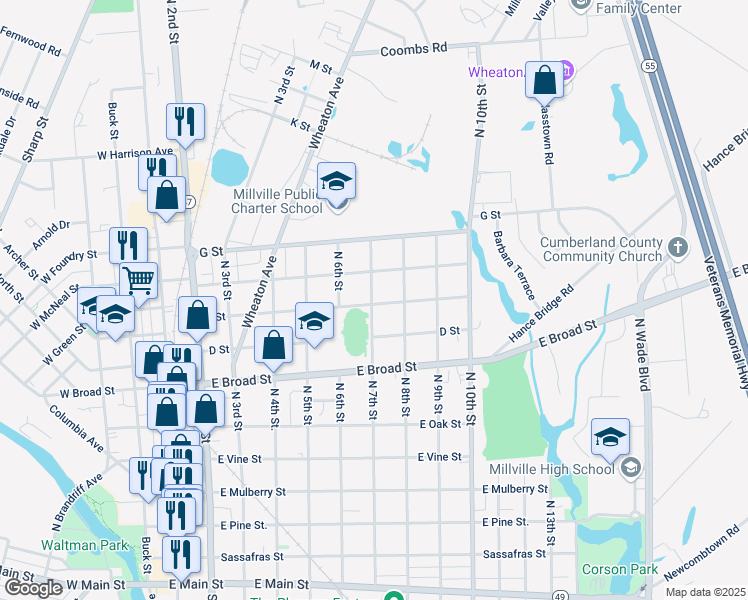 map of restaurants, bars, coffee shops, grocery stores, and more near 803 North 7th Street in Millville