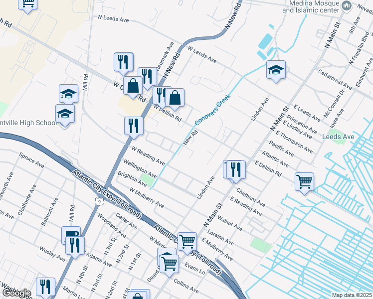 map of restaurants, bars, coffee shops, grocery stores, and more near 301 West Delilah Road in Pleasantville