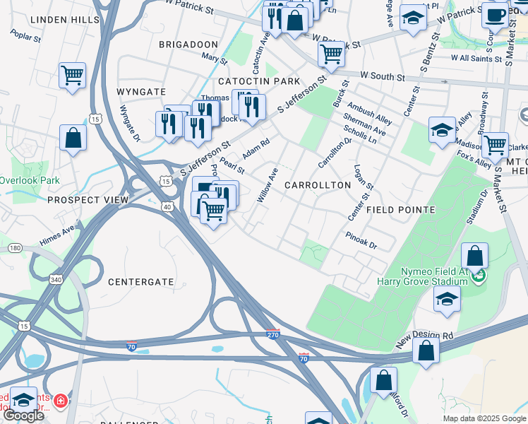 map of restaurants, bars, coffee shops, grocery stores, and more near 430 Shannon Court in Frederick
