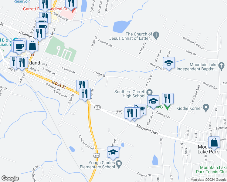 map of restaurants, bars, coffee shops, grocery stores, and more near 53 High View Drive in Oakland