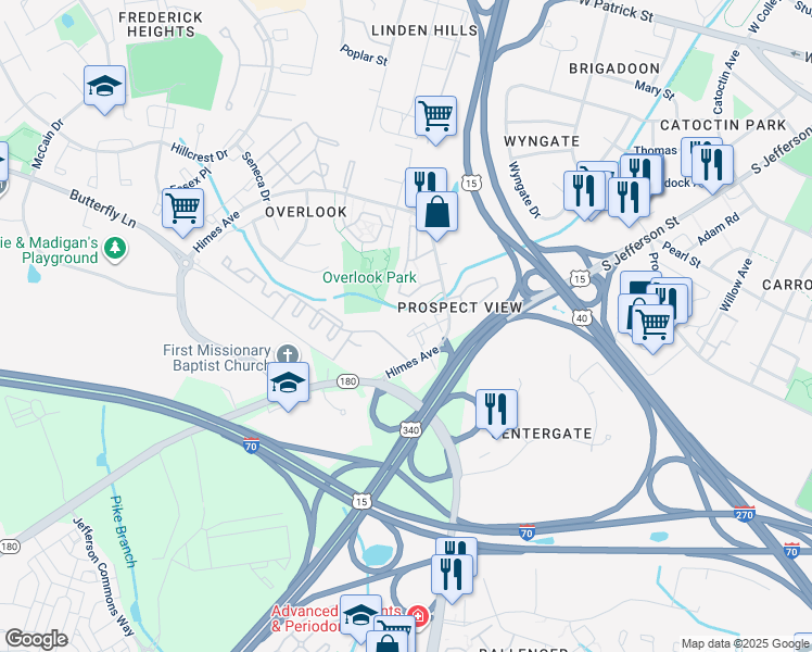 map of restaurants, bars, coffee shops, grocery stores, and more near 502 Bradley Court in Frederick