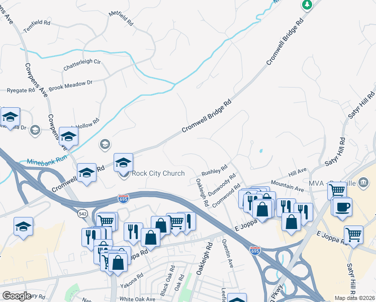 map of restaurants, bars, coffee shops, grocery stores, and more near 8817 Wolverton Road in Parkville