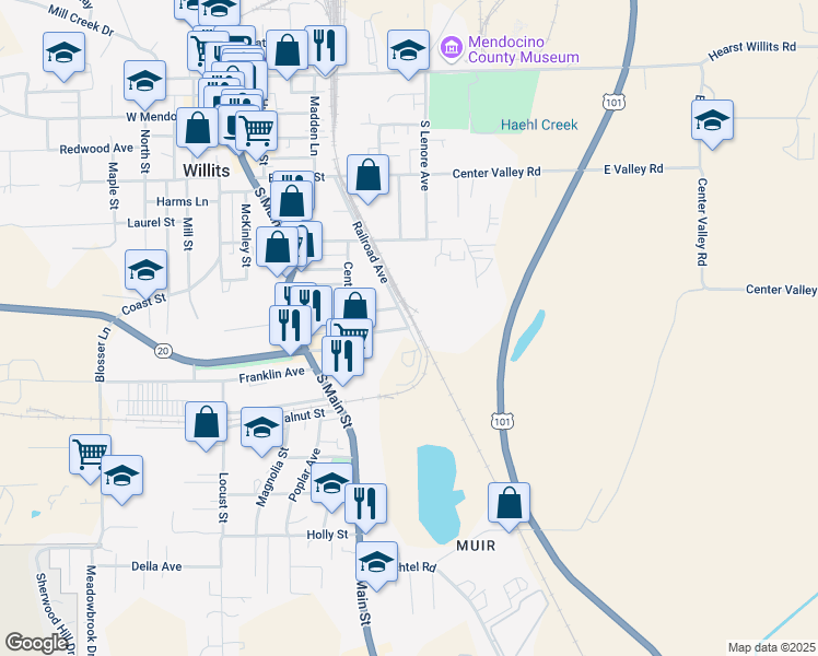 map of restaurants, bars, coffee shops, grocery stores, and more near Railroad Ave & E Barbara Ln in Willits