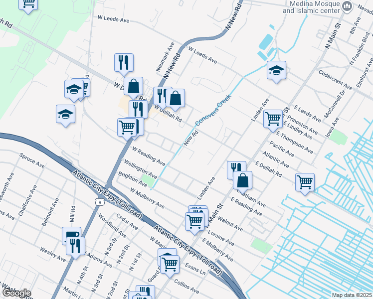 map of restaurants, bars, coffee shops, grocery stores, and more near 301 West Delilah Road in Pleasantville