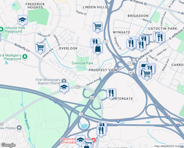 map of restaurants, bars, coffee shops, grocery stores, and more near 502 Bradley Court in Frederick