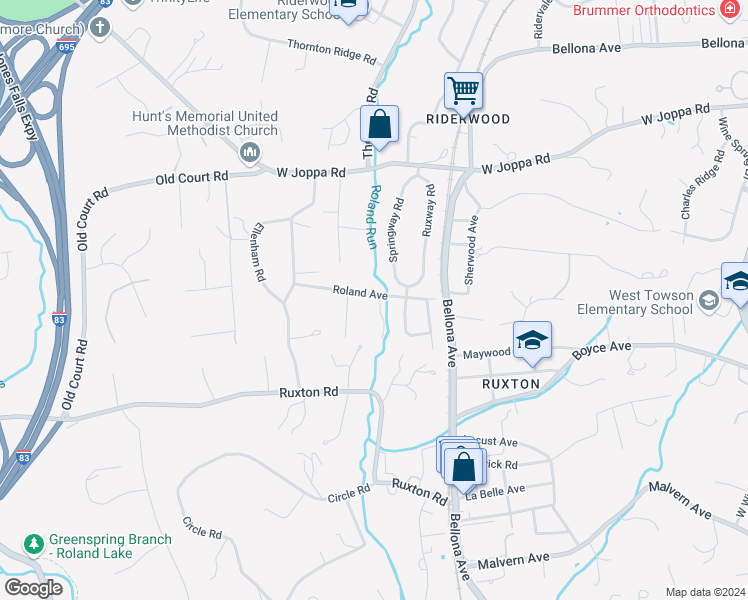map of restaurants, bars, coffee shops, grocery stores, and more near 1705 Roland Avenue in Towson