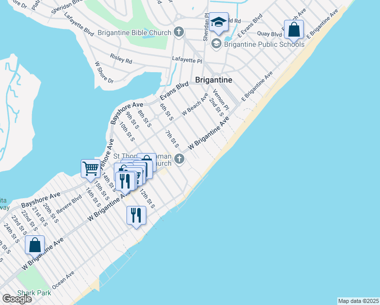 map of restaurants, bars, coffee shops, grocery stores, and more near 600 West Brigantine Avenue in Brigantine