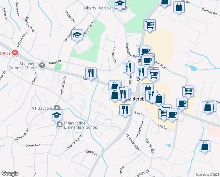 map of restaurants, bars, coffee shops, grocery stores, and more near 1131 Liberty Road in Eldersburg