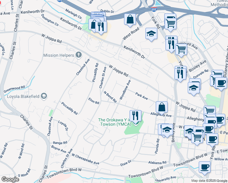 map of restaurants, bars, coffee shops, grocery stores, and more near 611 Debaugh Avenue in Towson