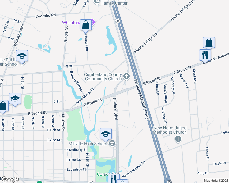 map of restaurants, bars, coffee shops, grocery stores, and more near 812 North Wade Boulevard in Millville