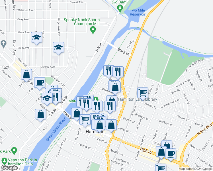 map of restaurants, bars, coffee shops, grocery stores, and more near 421 North 2nd Street in Hamilton