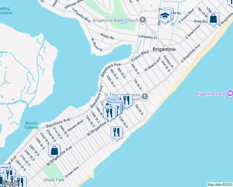 map of restaurants, bars, coffee shops, grocery stores, and more near 1006 West Beach Avenue in Brigantine