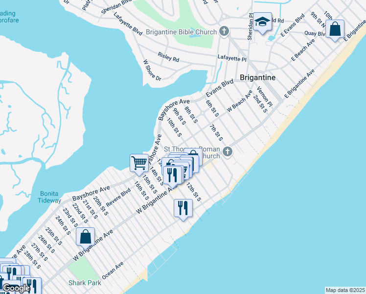 map of restaurants, bars, coffee shops, grocery stores, and more near 1006 West Beach Avenue in Brigantine