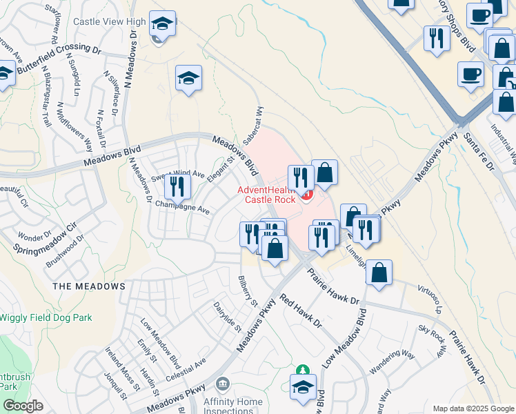 map of restaurants, bars, coffee shops, grocery stores, and more near 4270 Swanson Way in Castle Rock