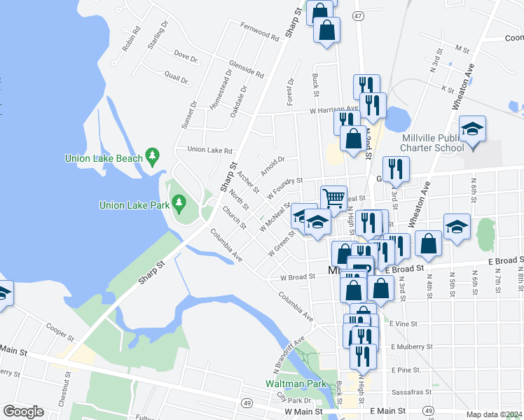 map of restaurants, bars, coffee shops, grocery stores, and more near 213 West Foundry Street in Millville
