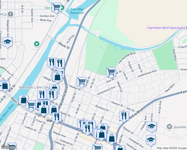 map of restaurants, bars, coffee shops, grocery stores, and more near 553 North 7th Street in Hamilton