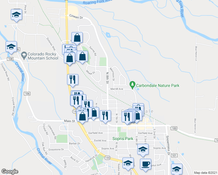 map of restaurants, bars, coffee shops, grocery stores, and more near 785 Merrill Avenue in Carbondale